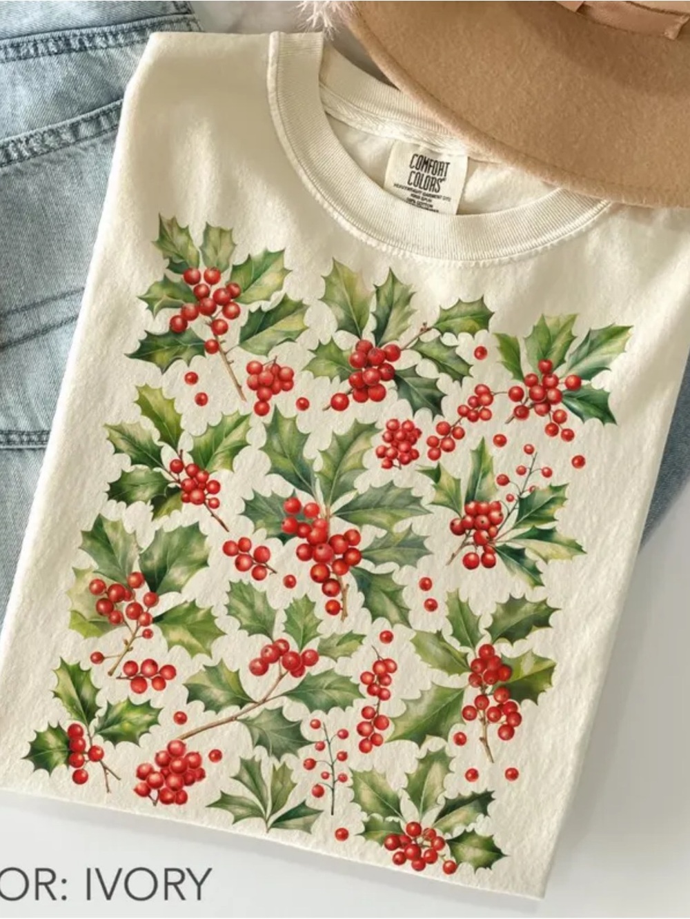 Comfort Colors Ivory Short Sleeve Tee with Green Holly and Red Berry Print